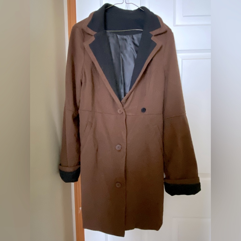 Brown & Black Trimmed Trench Coat Overcoat - Perfect Winter Staple - Picture 3 of 5